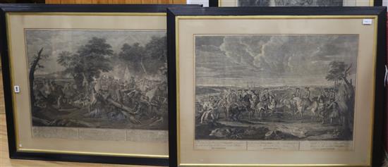 A set of six 18th century engravings depicting Marlboroughs victories, Parker Gallery labels verso, 55 x 73cm